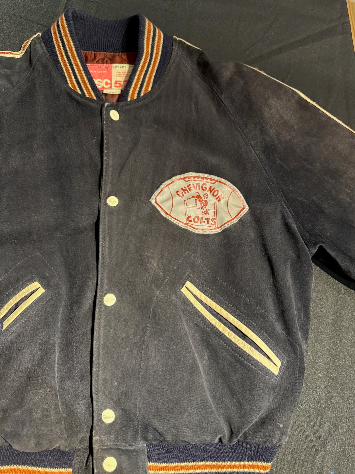 VINTAGE CHEVIGNON "COLTS" FOOTBALL LEATHER JACKET SZ: L