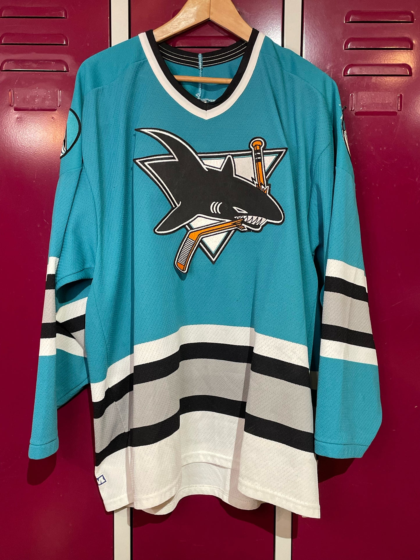 VINTAGE 90s CCM MASKA SAN JOSE SHARKS NHL HOCKEY MADE IN USA JERSEY SZ: XL