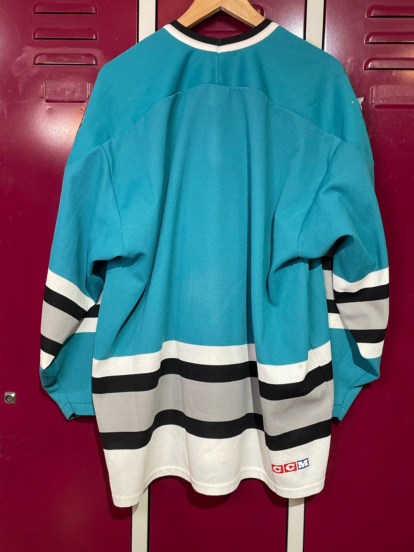 VINTAGE 90s CCM MASKA SAN JOSE SHARKS NHL HOCKEY MADE IN USA JERSEY SZ: XL