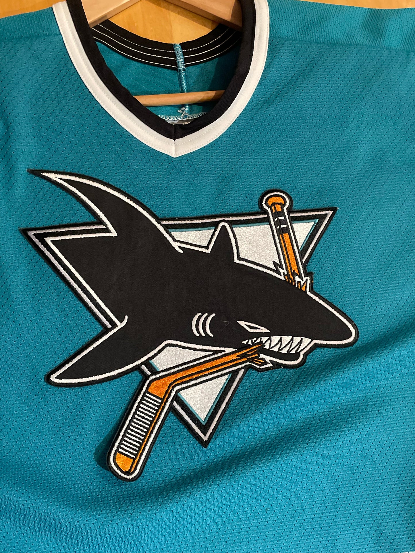 VINTAGE 90s CCM MASKA SAN JOSE SHARKS NHL HOCKEY MADE IN USA JERSEY SZ: XL