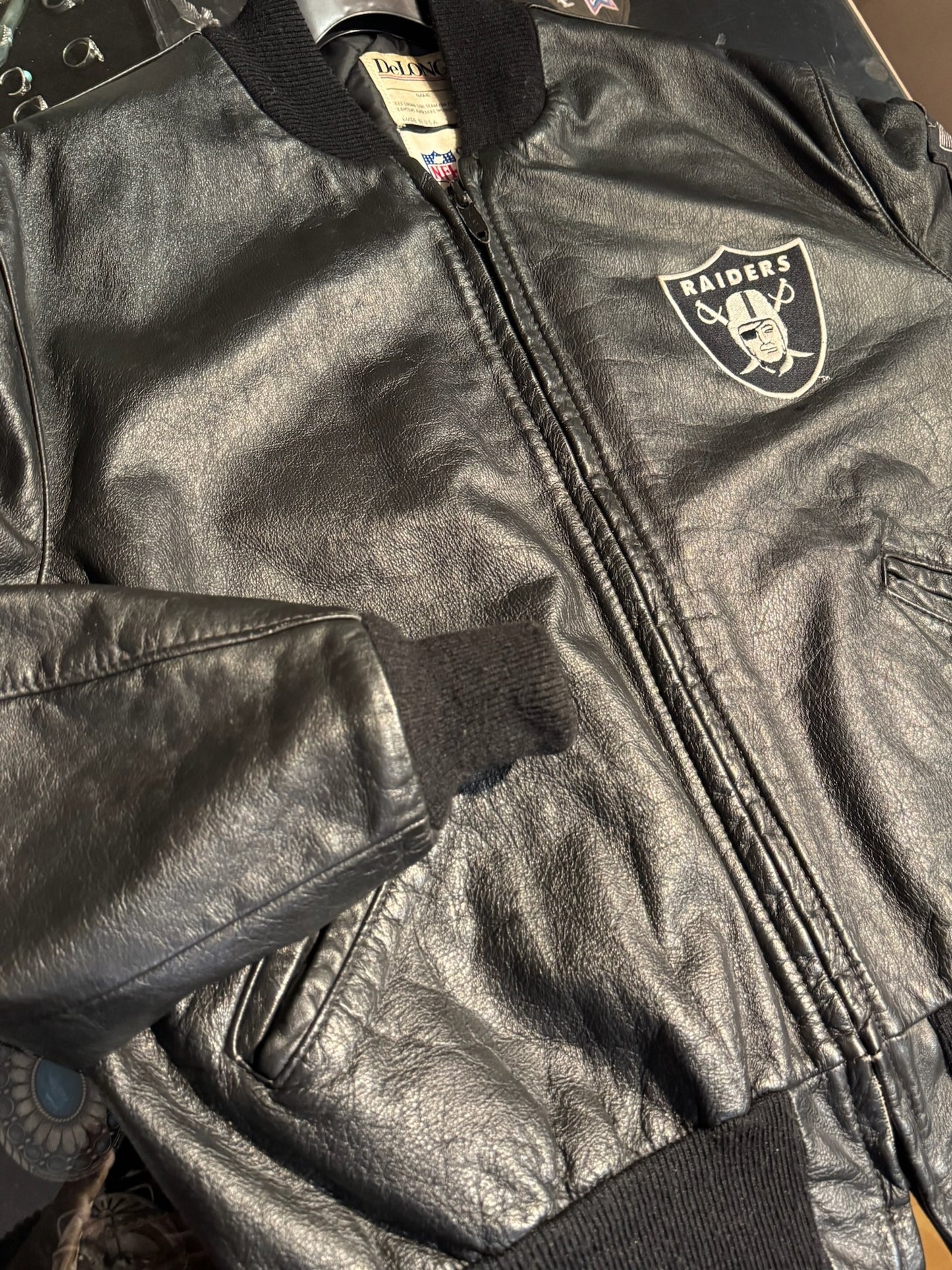 VINTAGE 90s LOS ANGELES RAIDERS DELONG VARSITY JACKET SZ: 48