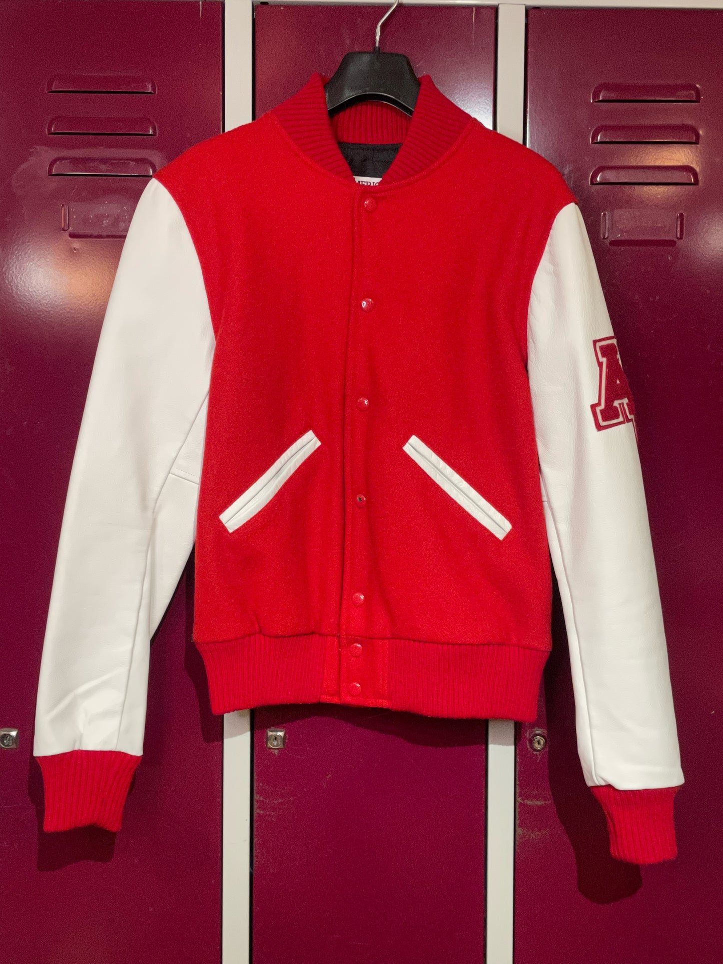 AMERICAN COLLEGE RED & WHITE VARSITY COLLEGE JACKET SZ: L