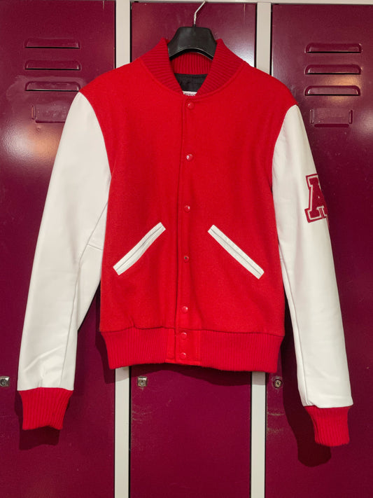 AMERICAN COLLEGE RED & WHITE VARSITY COLLEGE JACKET SZ: L