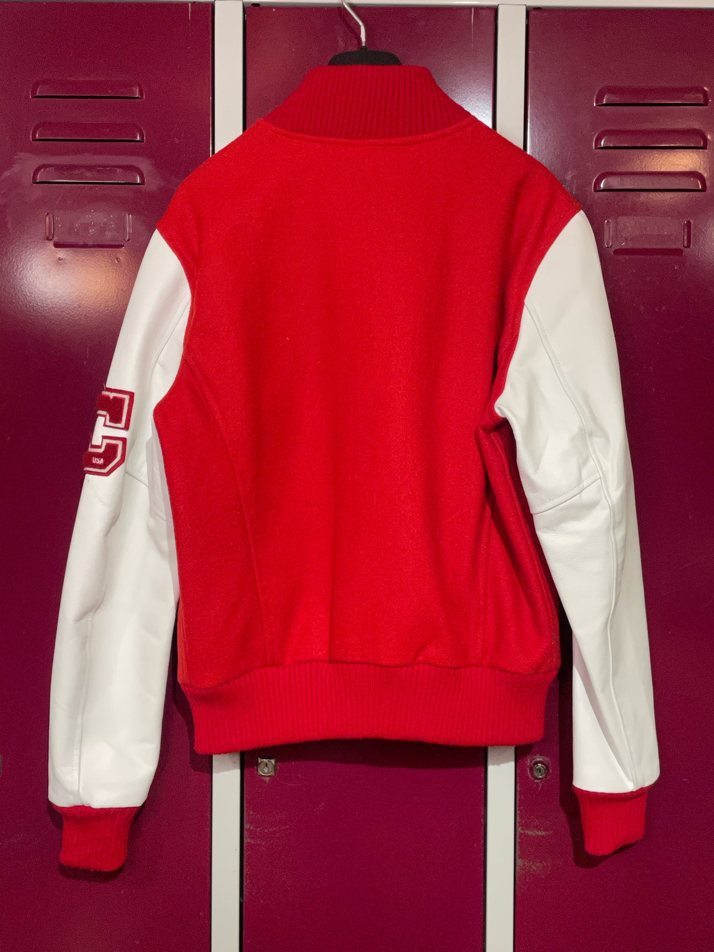 AMERICAN COLLEGE RED & WHITE VARSITY COLLEGE JACKET SZ: L