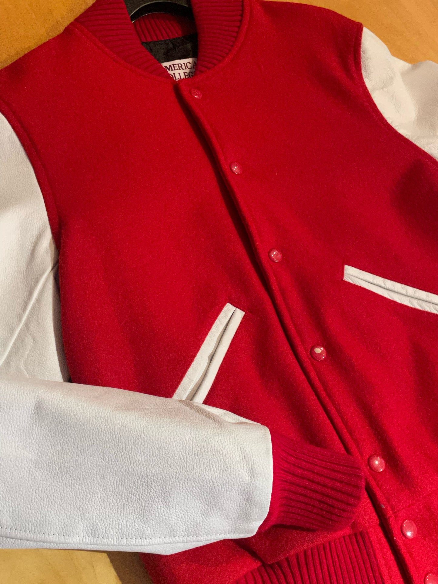 AMERICAN COLLEGE RED & WHITE VARSITY COLLEGE JACKET SZ: L