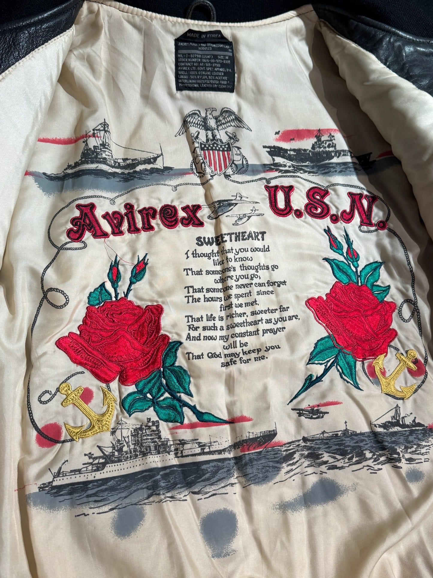 VINTAGE AVIREX "U.S.S HORNET" BOMBER LEATHER JACKET SZ: M