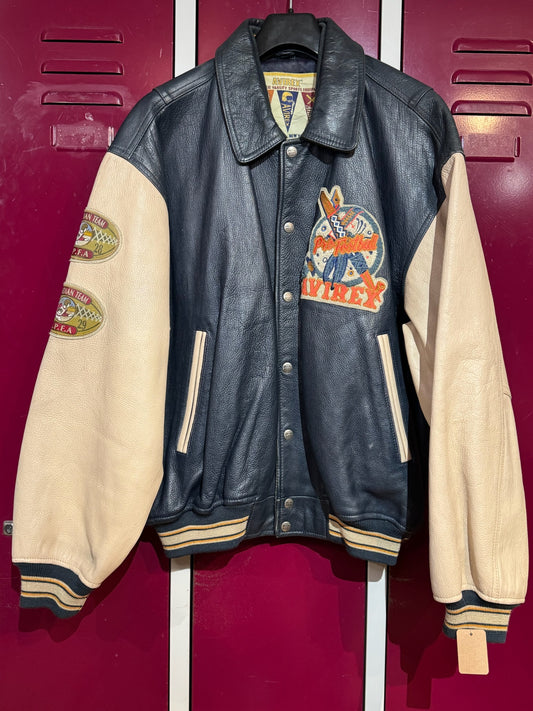 VINTAGE 90s AVIREX "OORANG INDIANS FOOTBALL" LEATHER VARSITY JACKET SZ: XL