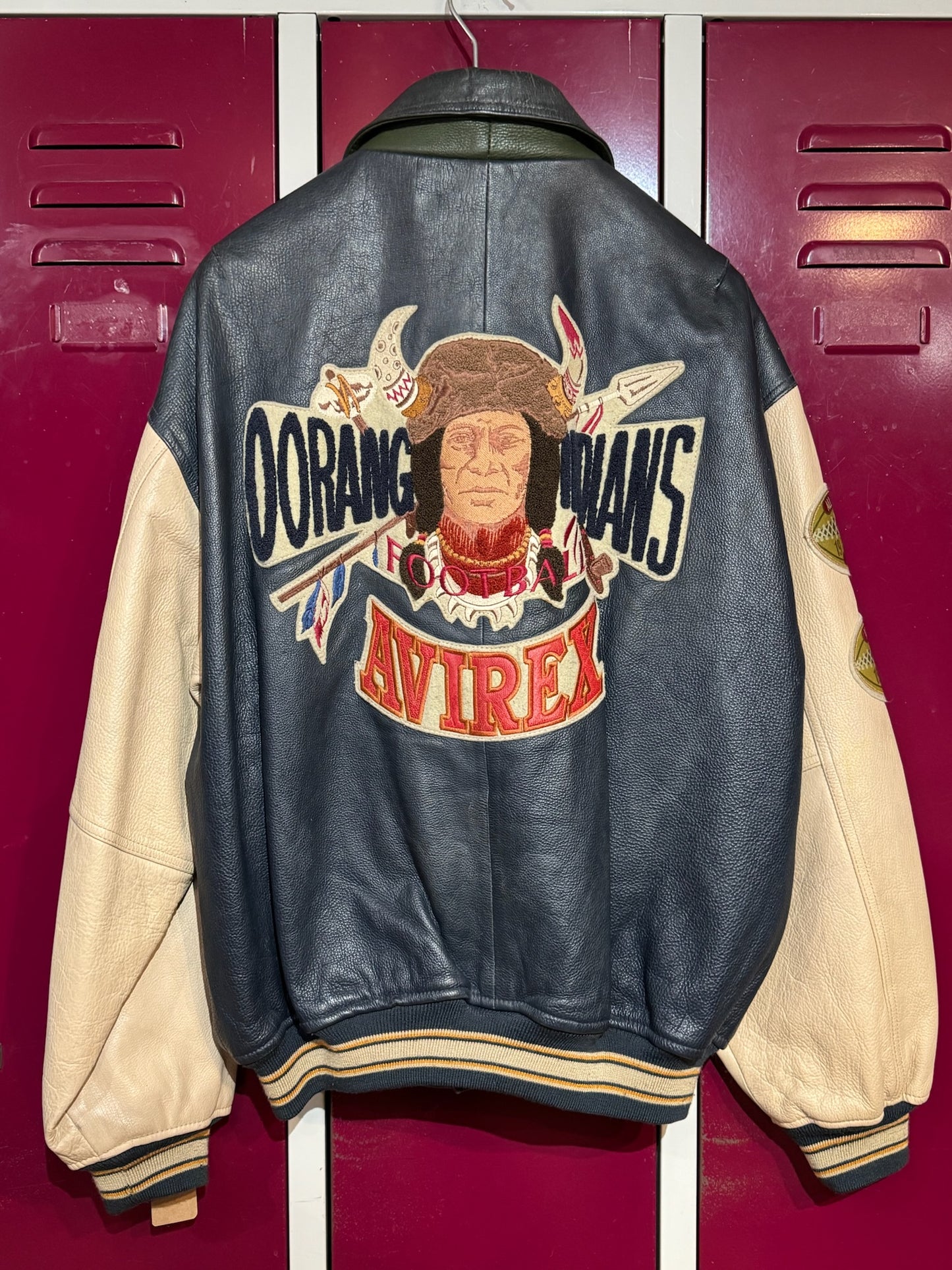 VINTAGE 90s AVIREX "OORANG INDIANS FOOTBALL" LEATHER VARSITY JACKET SZ: XL