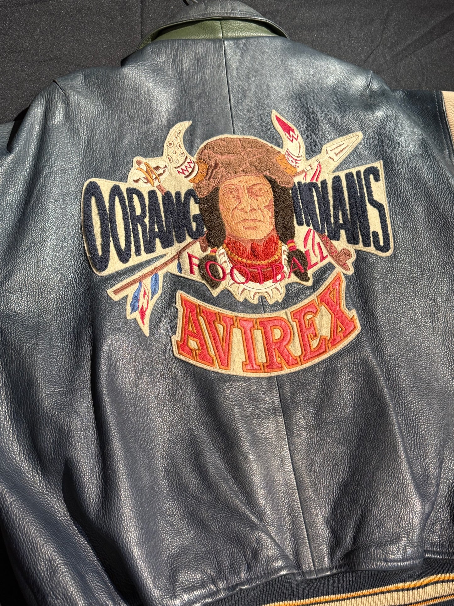 VINTAGE 90s AVIREX "OORANG INDIANS FOOTBALL" LEATHER VARSITY JACKET SZ: XL