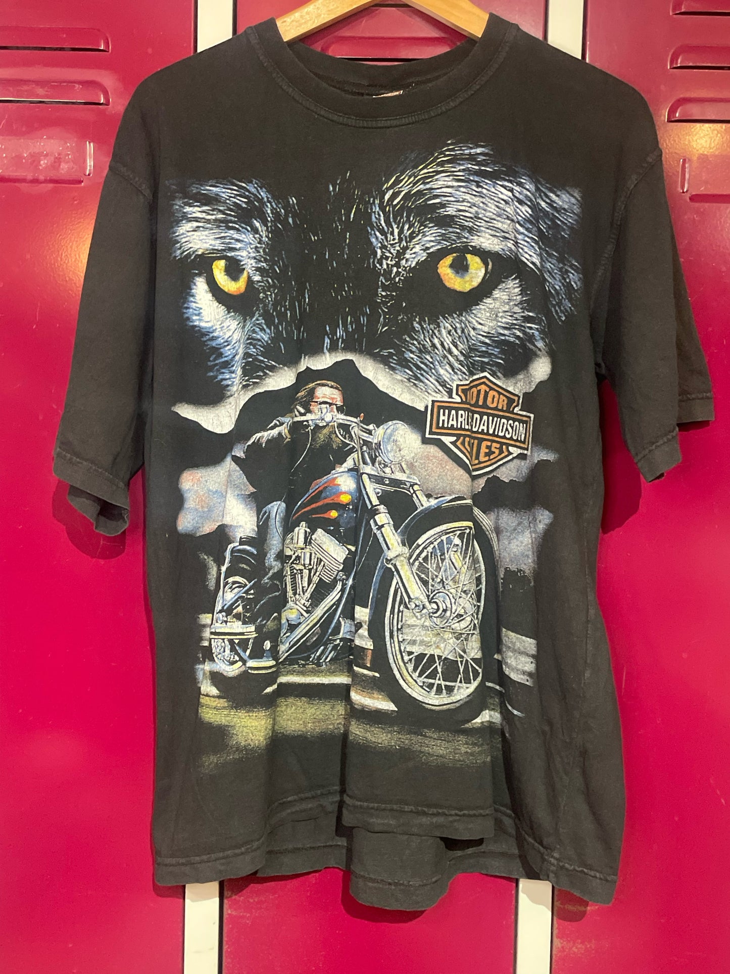 VINTAGE 90s HARLEY DAVIDSON "WOLF EYES" MOTORCYCLES T-SHIRT SZ: L