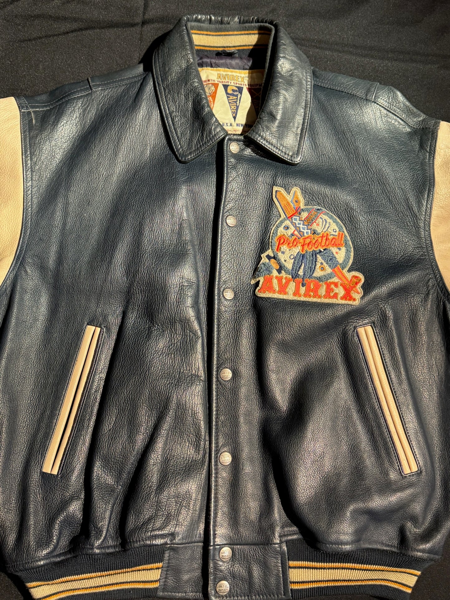 VINTAGE 90s AVIREX "OORANG INDIANS FOOTBALL" LEATHER VARSITY JACKET SZ: XL