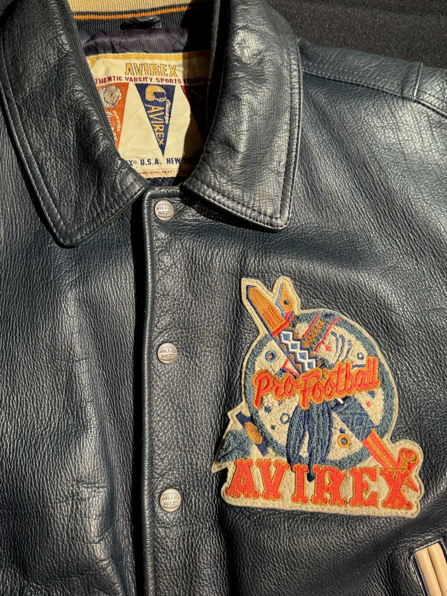VINTAGE 90s AVIREX "OORANG INDIANS FOOTBALL" LEATHER VARSITY JACKET SZ: XL