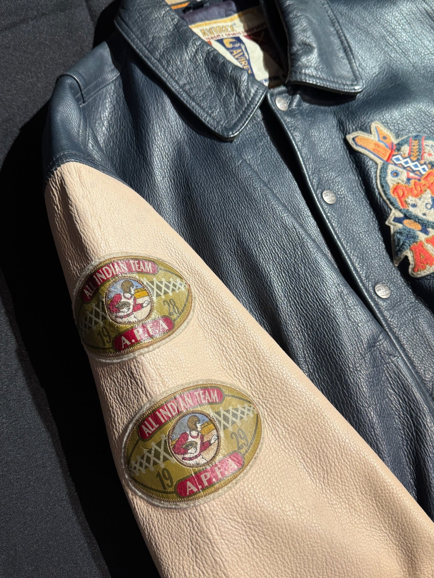 VINTAGE 90s AVIREX "OORANG INDIANS FOOTBALL" LEATHER VARSITY JACKET SZ: XL