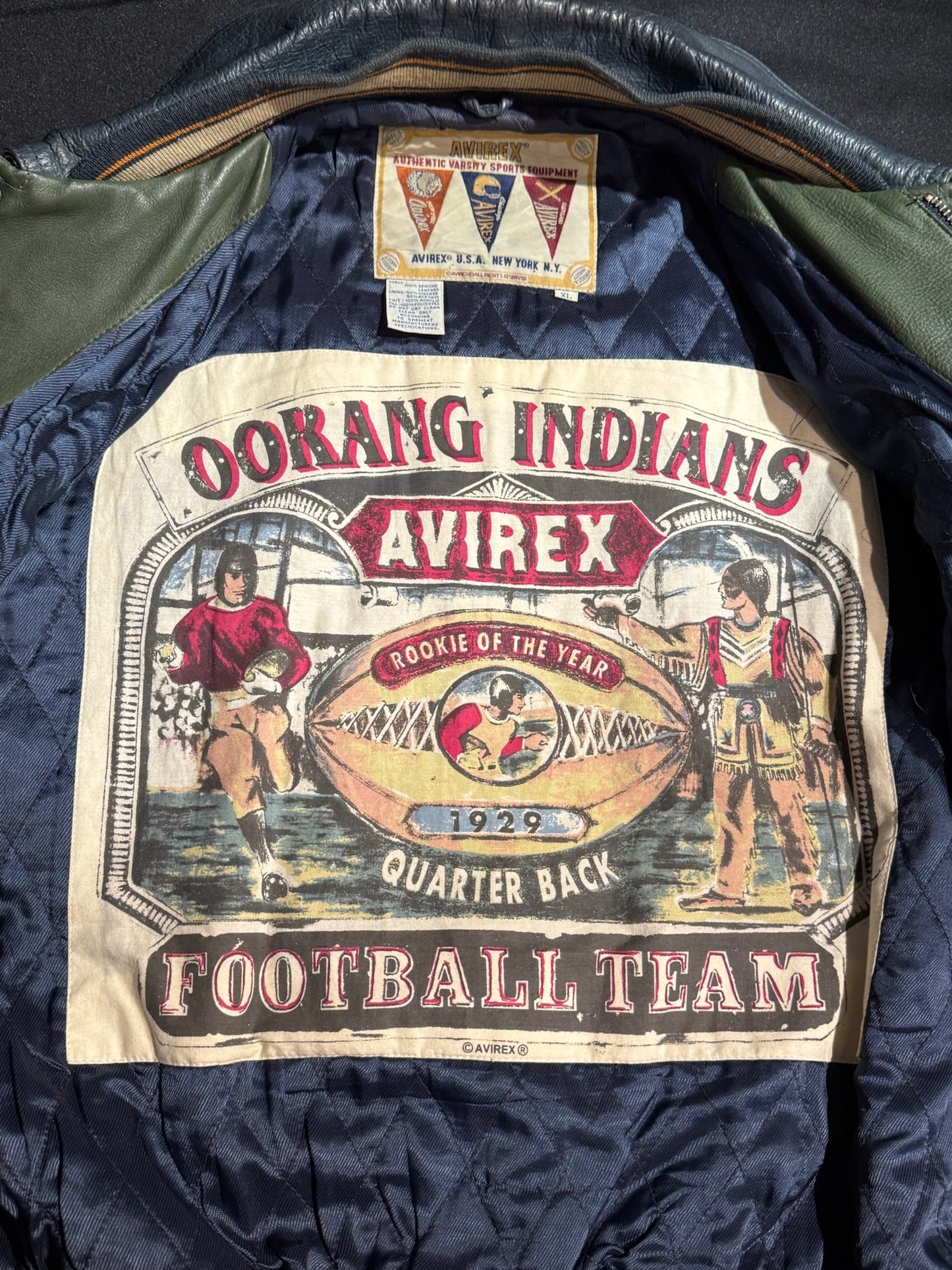 VINTAGE 90s AVIREX "OORANG INDIANS FOOTBALL" LEATHER VARSITY JACKET SZ: XL