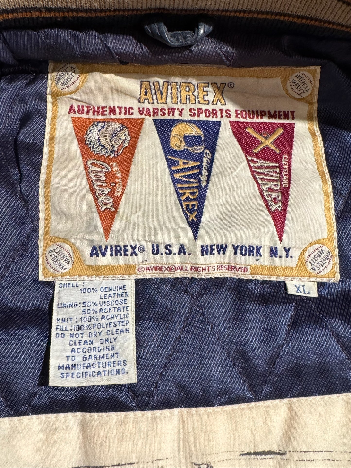 VINTAGE 90s AVIREX "OORANG INDIANS FOOTBALL" LEATHER VARSITY JACKET SZ: XL