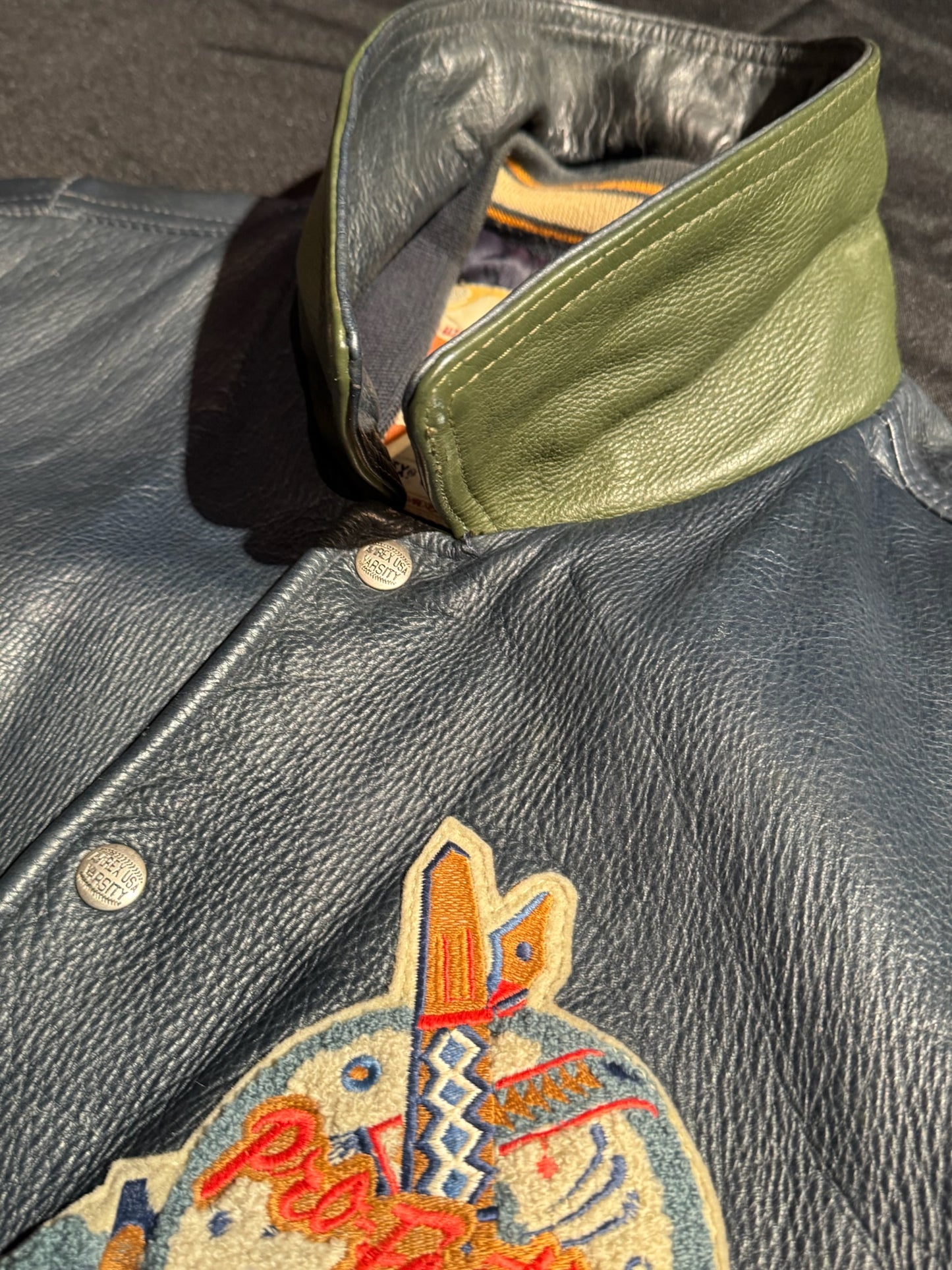 VINTAGE 90s AVIREX "OORANG INDIANS FOOTBALL" LEATHER VARSITY JACKET SZ: XL