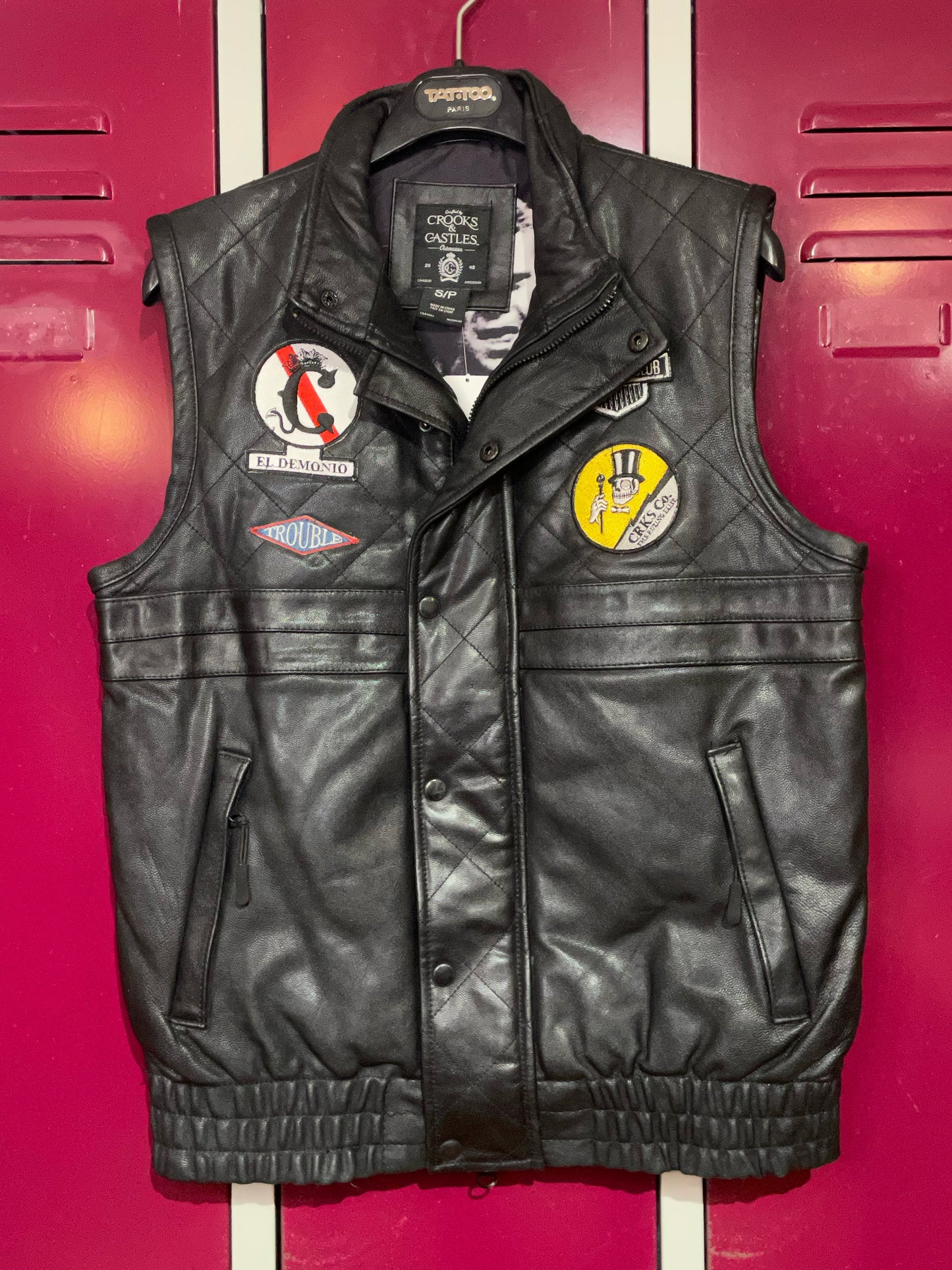 CROOKS & CASTLES LEATHER BIKER VEST SZ: S