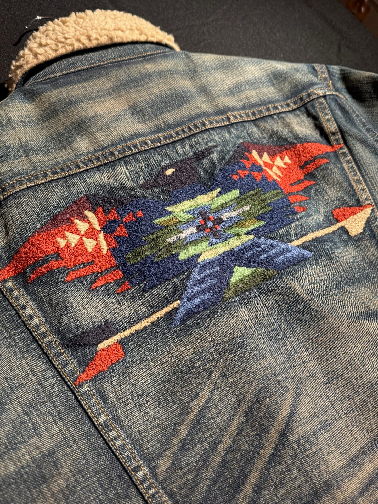 POLO RALPH LAUREN AZTEC SOUTHWEST THUNDERBIRD SHERPA DENIM JACKET SZ: S