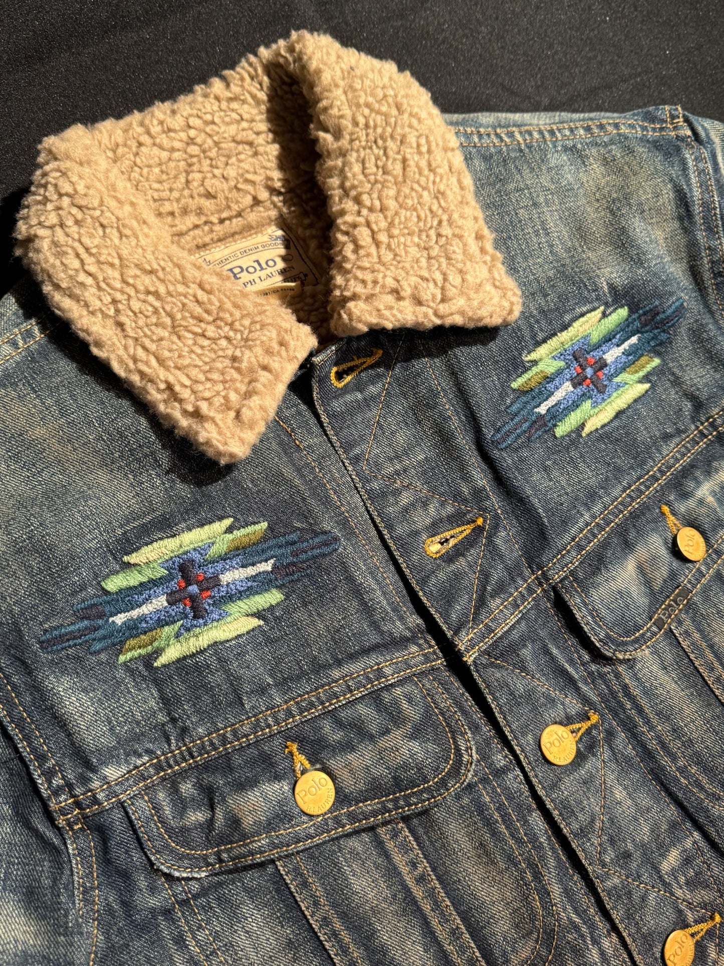 POLO RALPH LAUREN AZTEC SOUTHWEST THUNDERBIRD SHERPA DENIM JACKET SZ: S