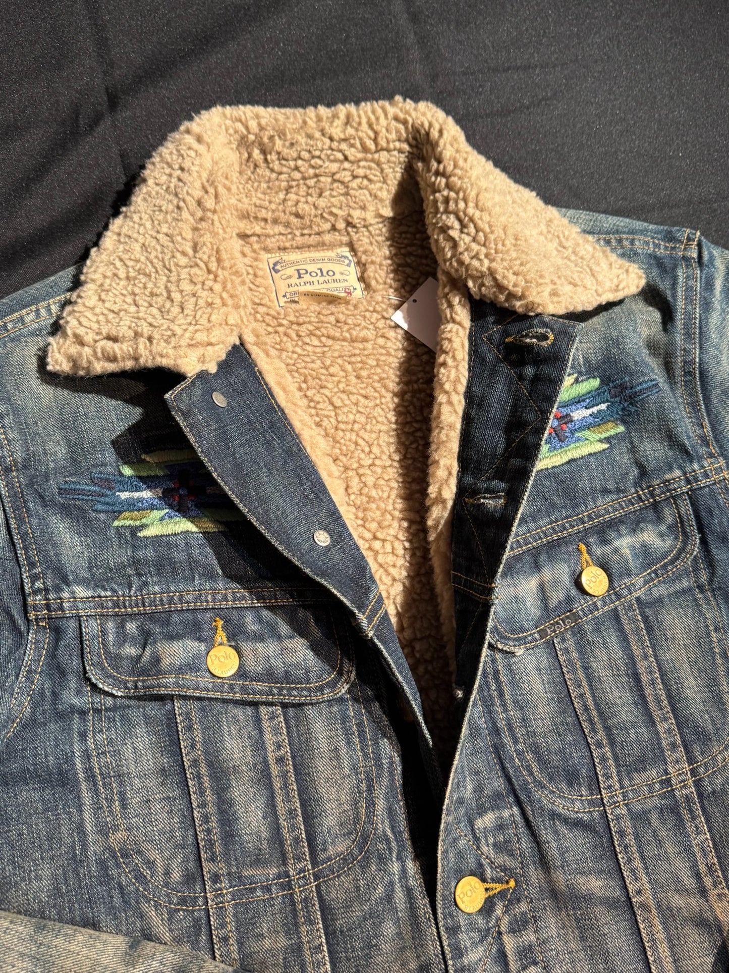 POLO RALPH LAUREN AZTEC SOUTHWEST THUNDERBIRD SHERPA DENIM JACKET SZ: S