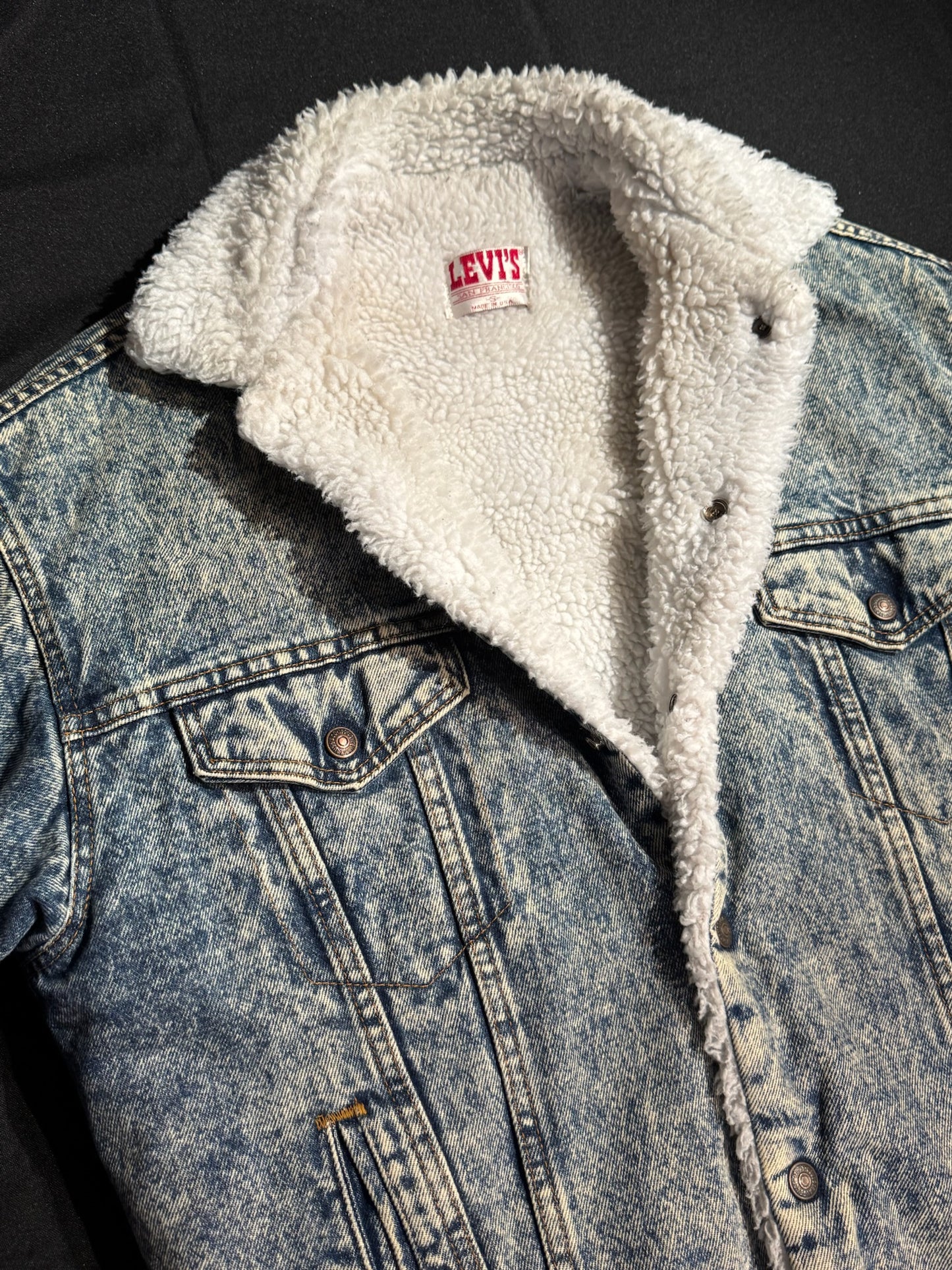 LEVI'S VINTAGE 80s SHERPA ACID WASH DENIM JACKET SZ: S
