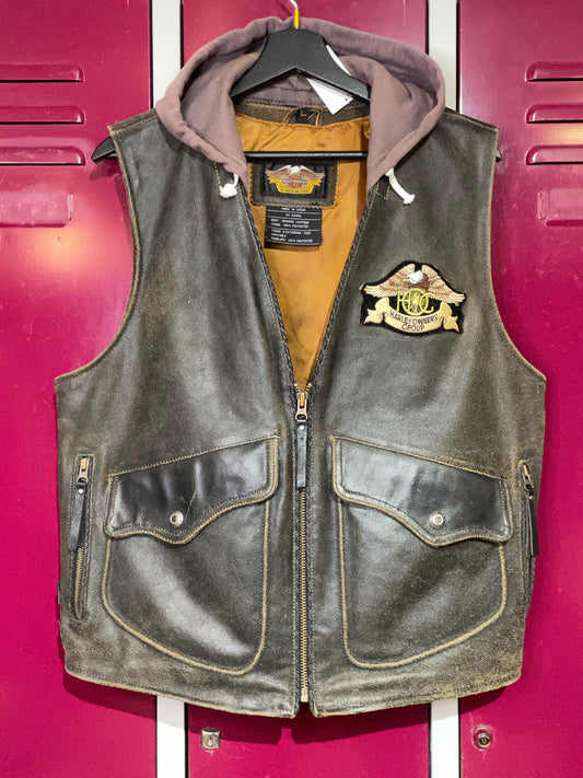 HARLEY DAVIDSON DETACHABLE HOOD BROWN LEATHER VEST SZ: L