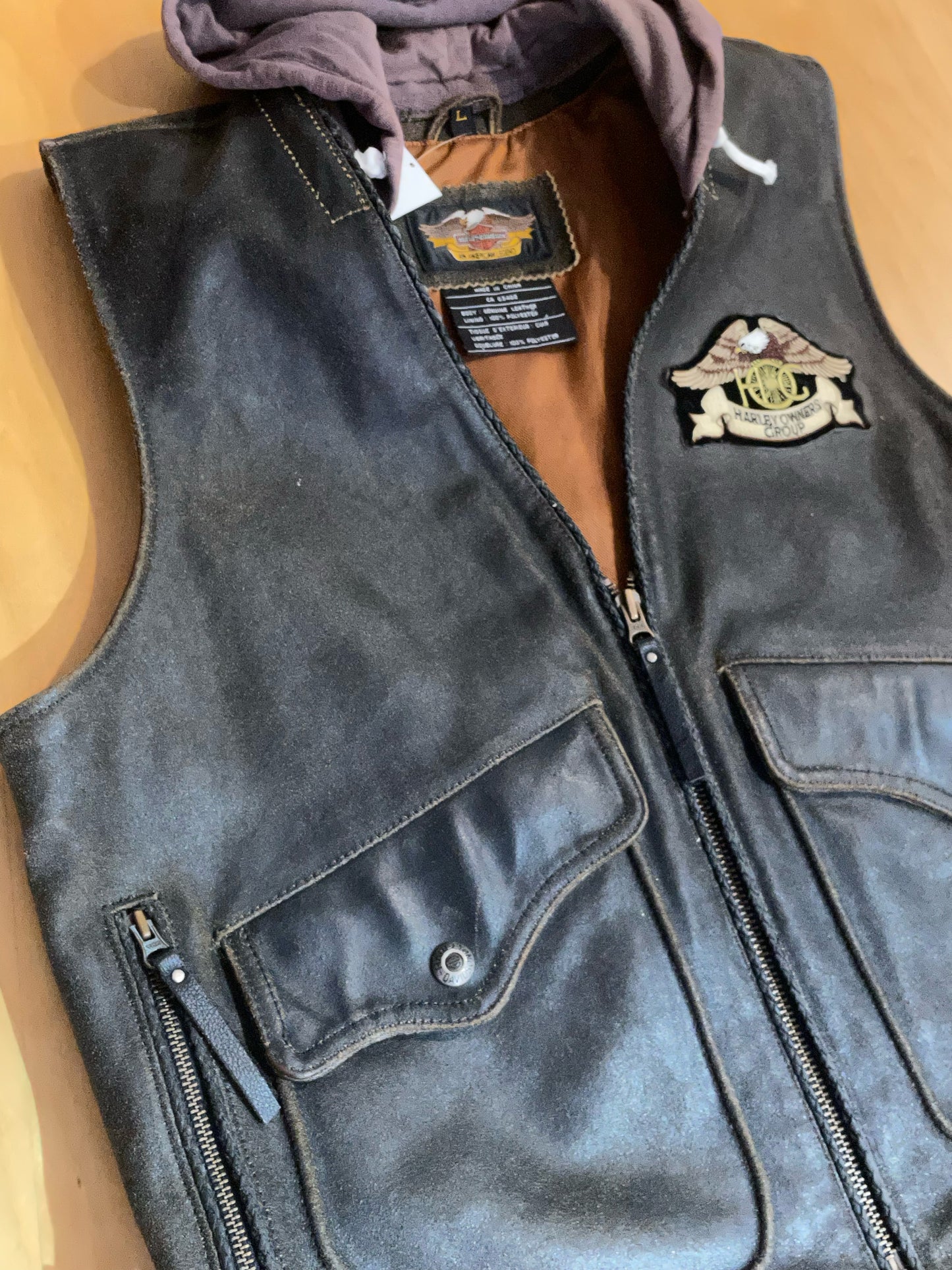 HARLEY DAVIDSON DETACHABLE HOOD BROWN LEATHER VEST SZ: L