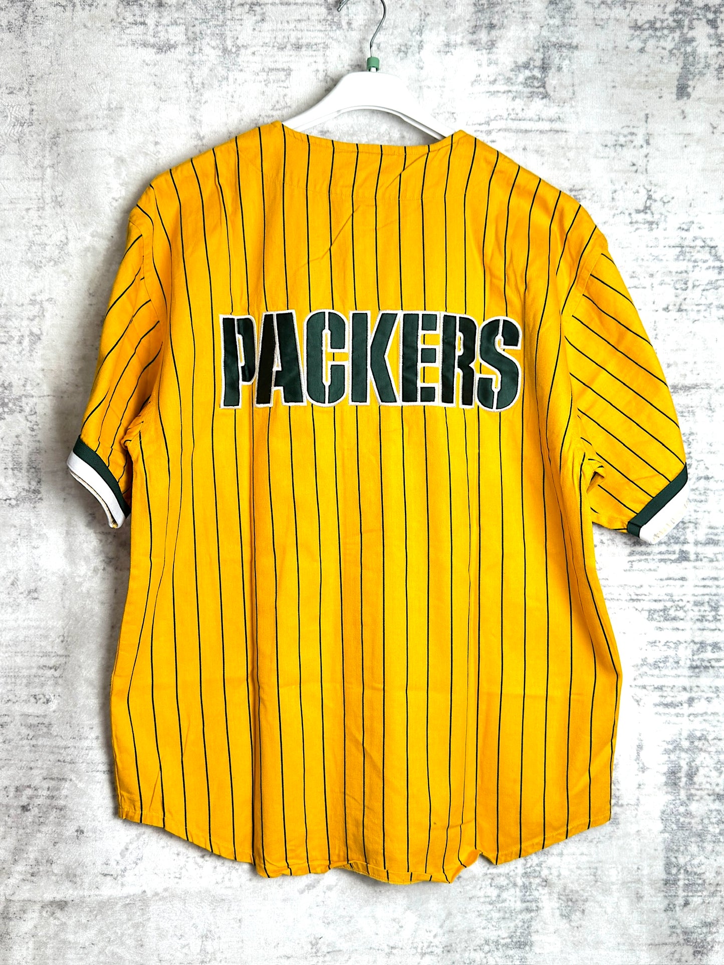 VINTAGE 90s GREEN BAY PACKERS PINSTRIPE MLB BASEBALL JERSEY SZ: M