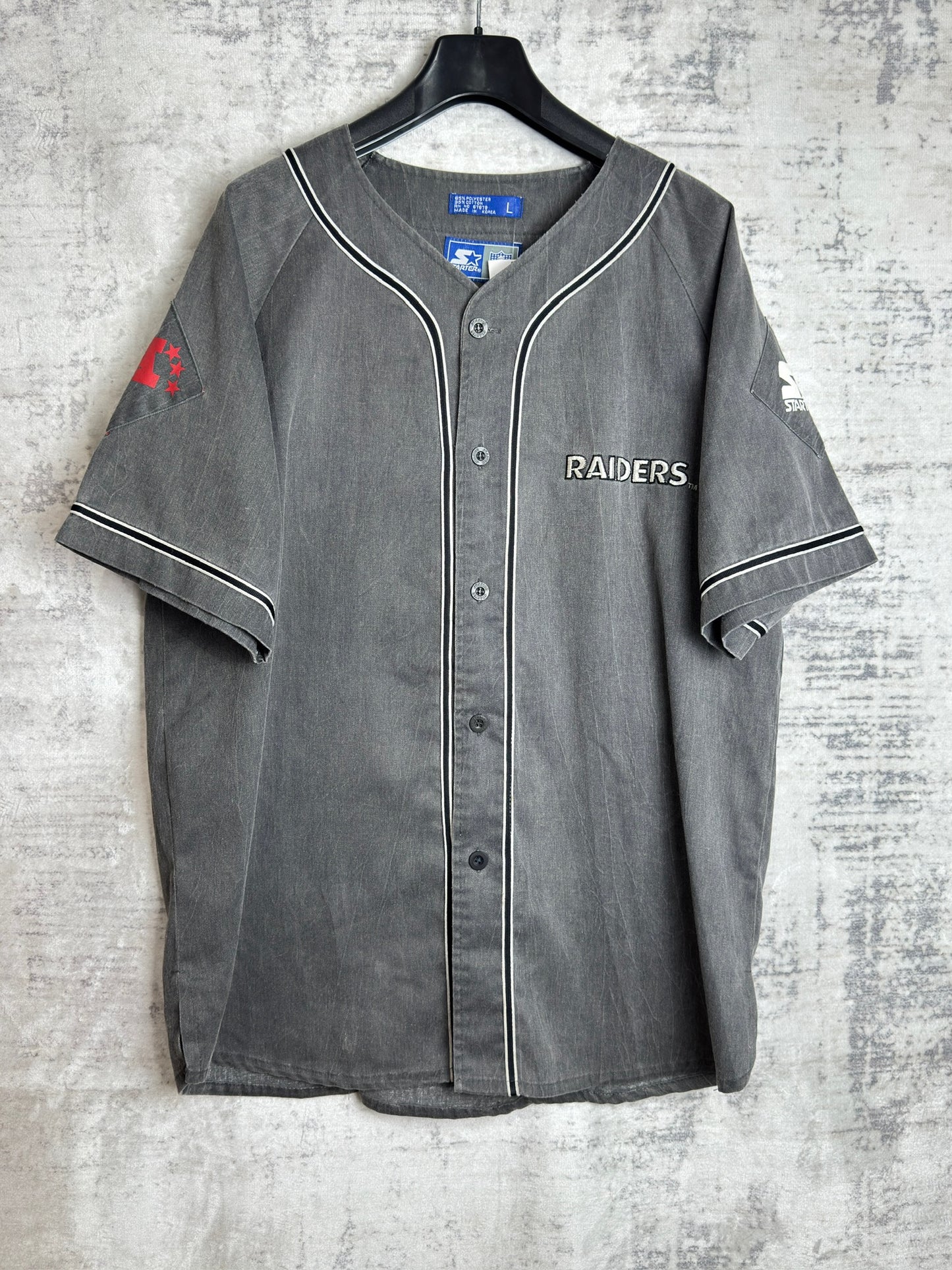 VINTAGE 90s STARTER LOS ANGELES RAIDERS "DENIM" MLB BASEBALL JERSEY SZ: L