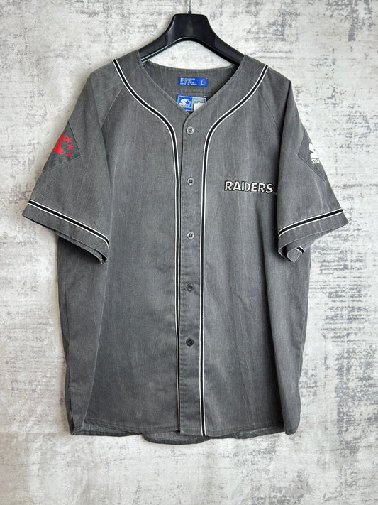 VINTAGE 90s STARTER LOS ANGELES RAIDERS "DENIM" MLB BASEBALL JERSEY  SZ: L