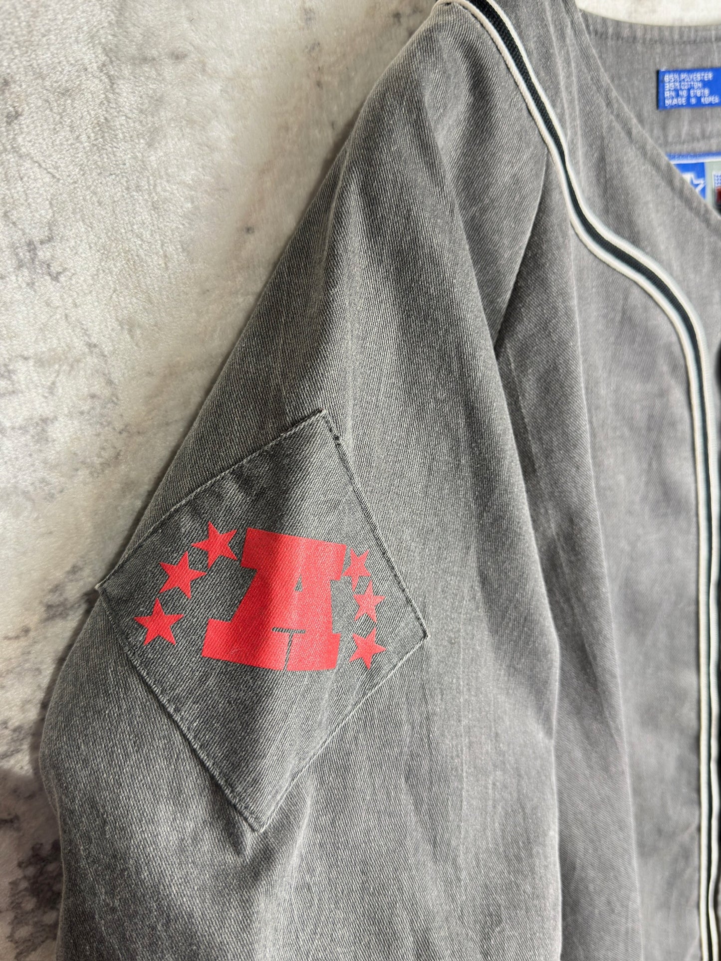 VINTAGE 90s STARTER LOS ANGELES RAIDERS "DENIM" MLB BASEBALL JERSEY SZ: L