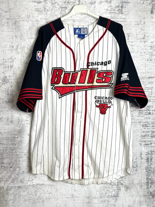 VINTAGE 90s STARTER CHICAGO BULLS PINSTRIPE NBA BASEBALL JERSEY SZ: M