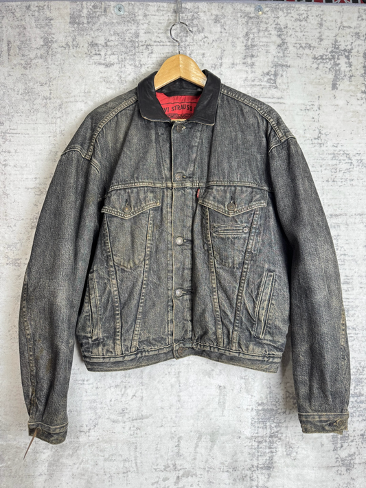 VINTAGE 1989 LEVI'S LEATHER COLLAR DENIM JACKET  SZ: L
