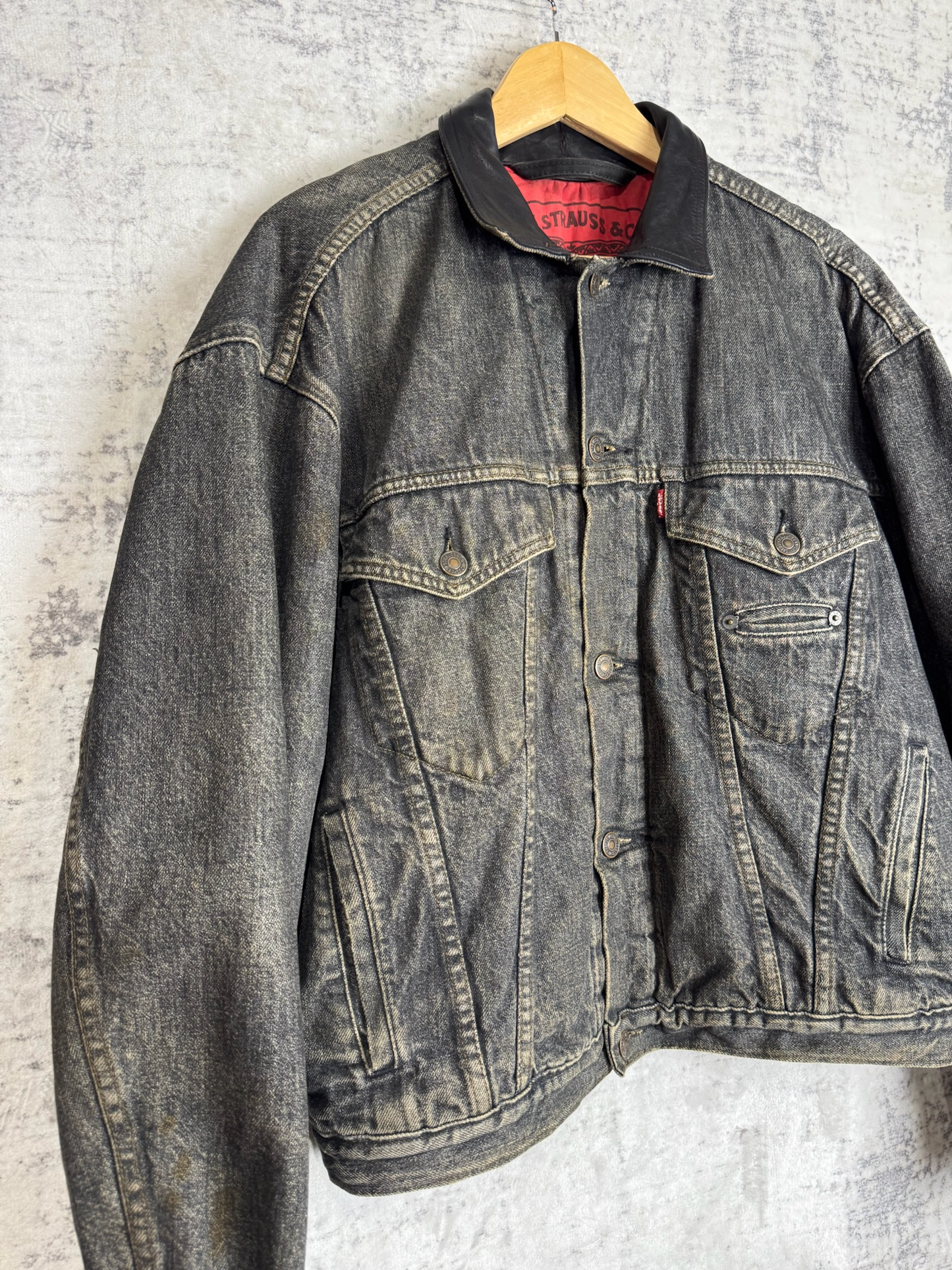 VINTAGE 1989 LEVI'S LEATHER COLLAR DENIM JACKET SZ: L