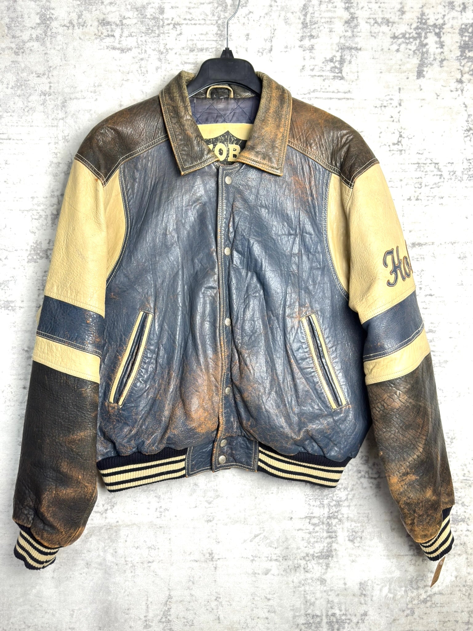VINTAGE 90s HOBO LEATHER VARSITY JACKET SZ: L – Stay Alive vintage 