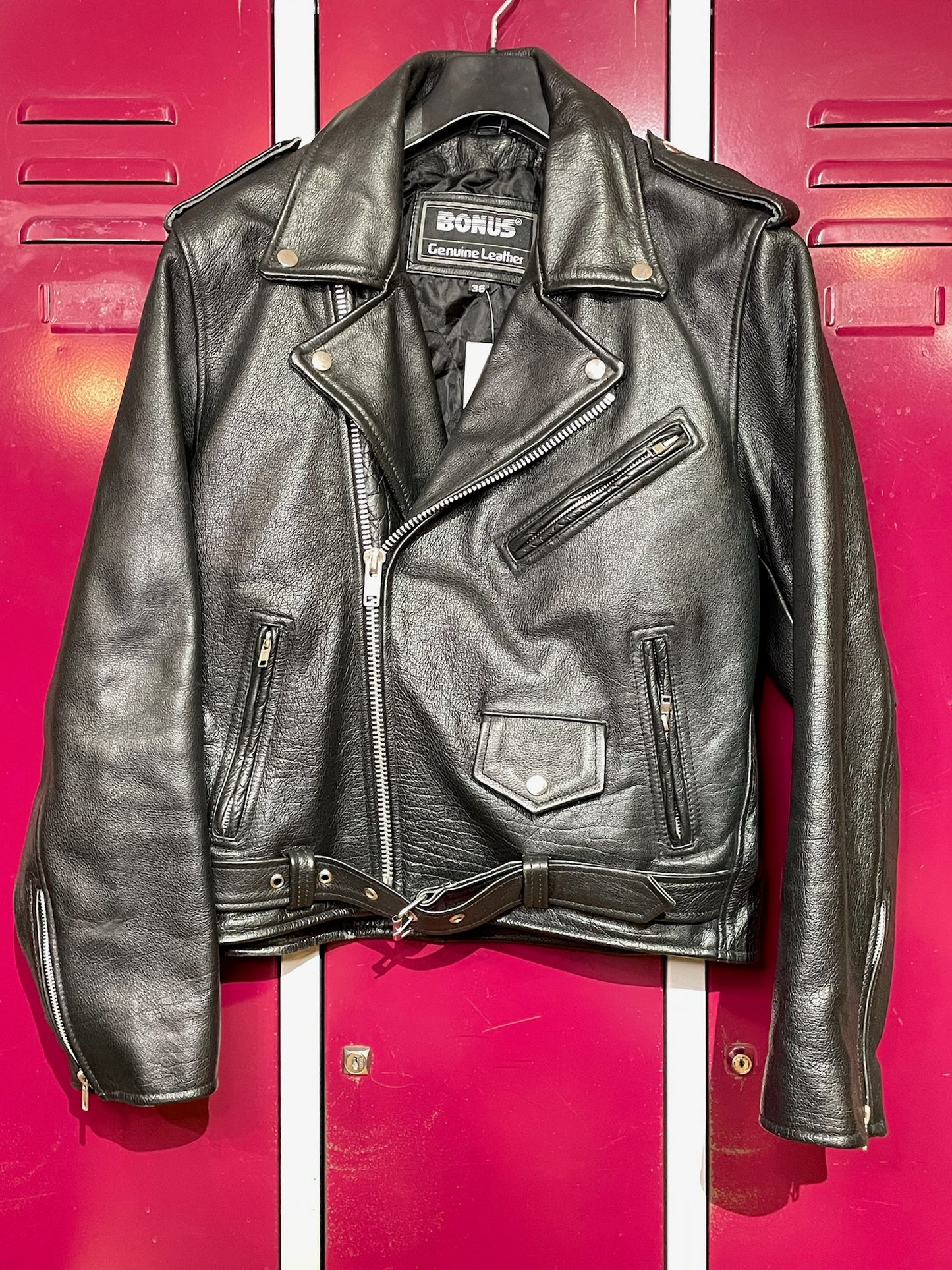 VINTAGE 90s BONUS "GENUINE LKEATHER" MOTORCYCLE BIKER LEATHER JACKET SZ: 36