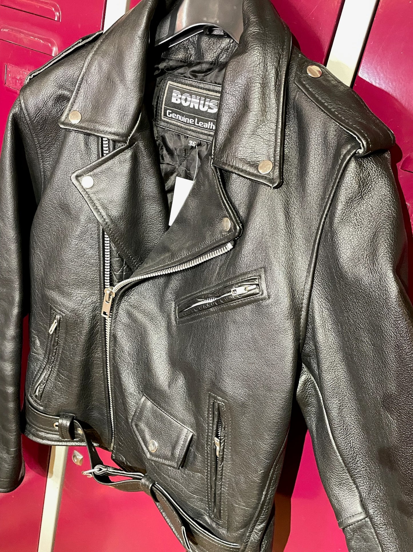 VINTAGE 90s BONUS "GENUINE LKEATHER" MOTORCYCLE BIKER LEATHER JACKET SZ: 36