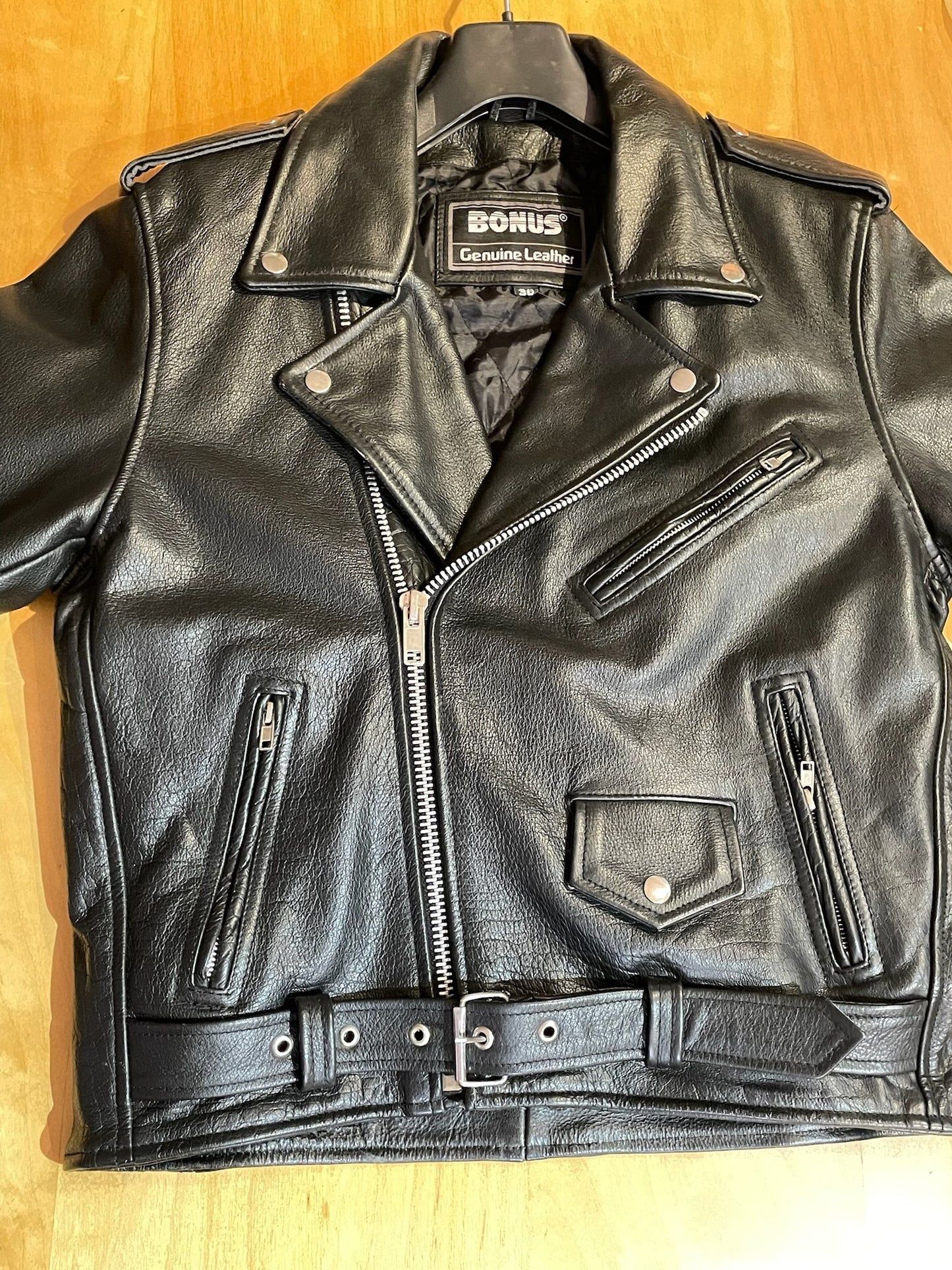 VINTAGE 90s BONUS "GENUINE LKEATHER" MOTORCYCLE BIKER LEATHER JACKET SZ: 36
