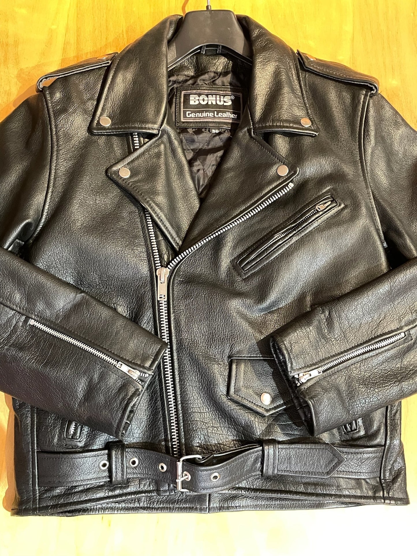 VINTAGE 90s BONUS "GENUINE LKEATHER" MOTORCYCLE BIKER LEATHER JACKET SZ: 36