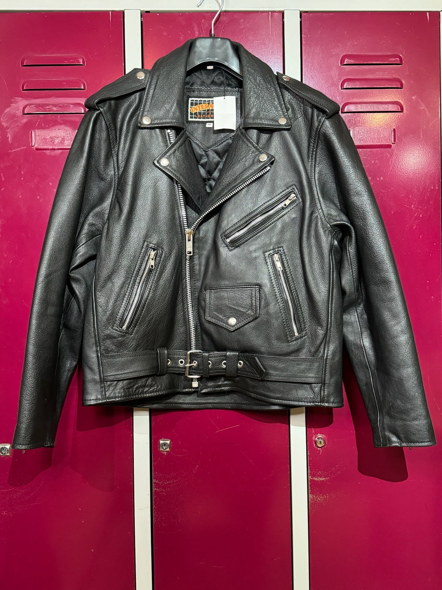 VINTAGE 90s INTERACTIVE LONDON MOTORCYCLE BIKER LEATHER JACKET SZ: 40