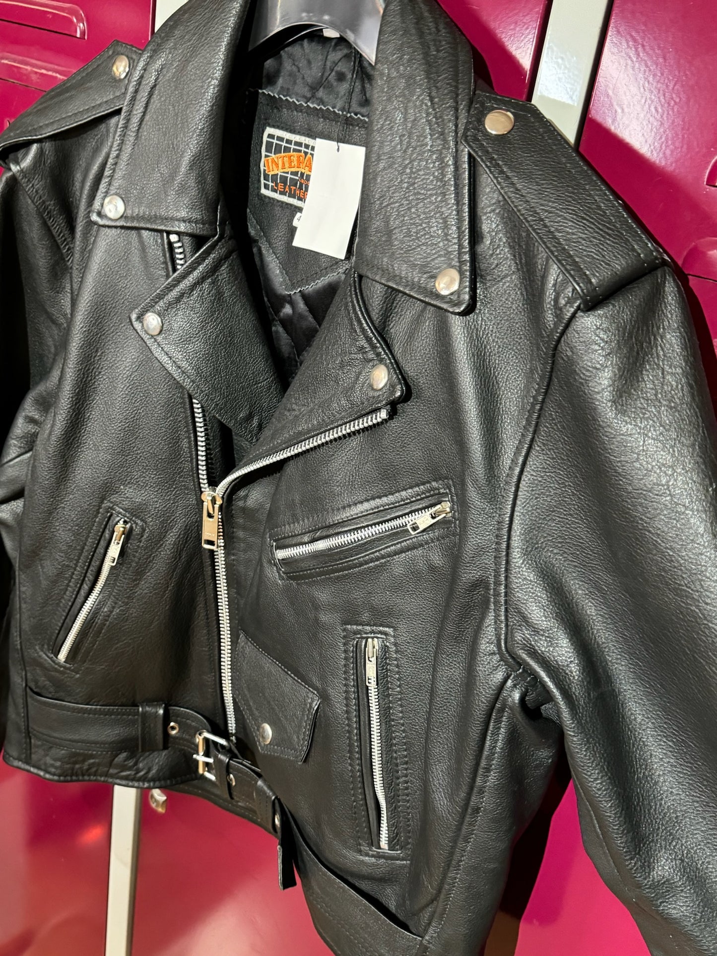 VINTAGE 90s INTERACTIVE LONDON MOTORCYCLE BIKER LEATHER JACKET SZ: 40