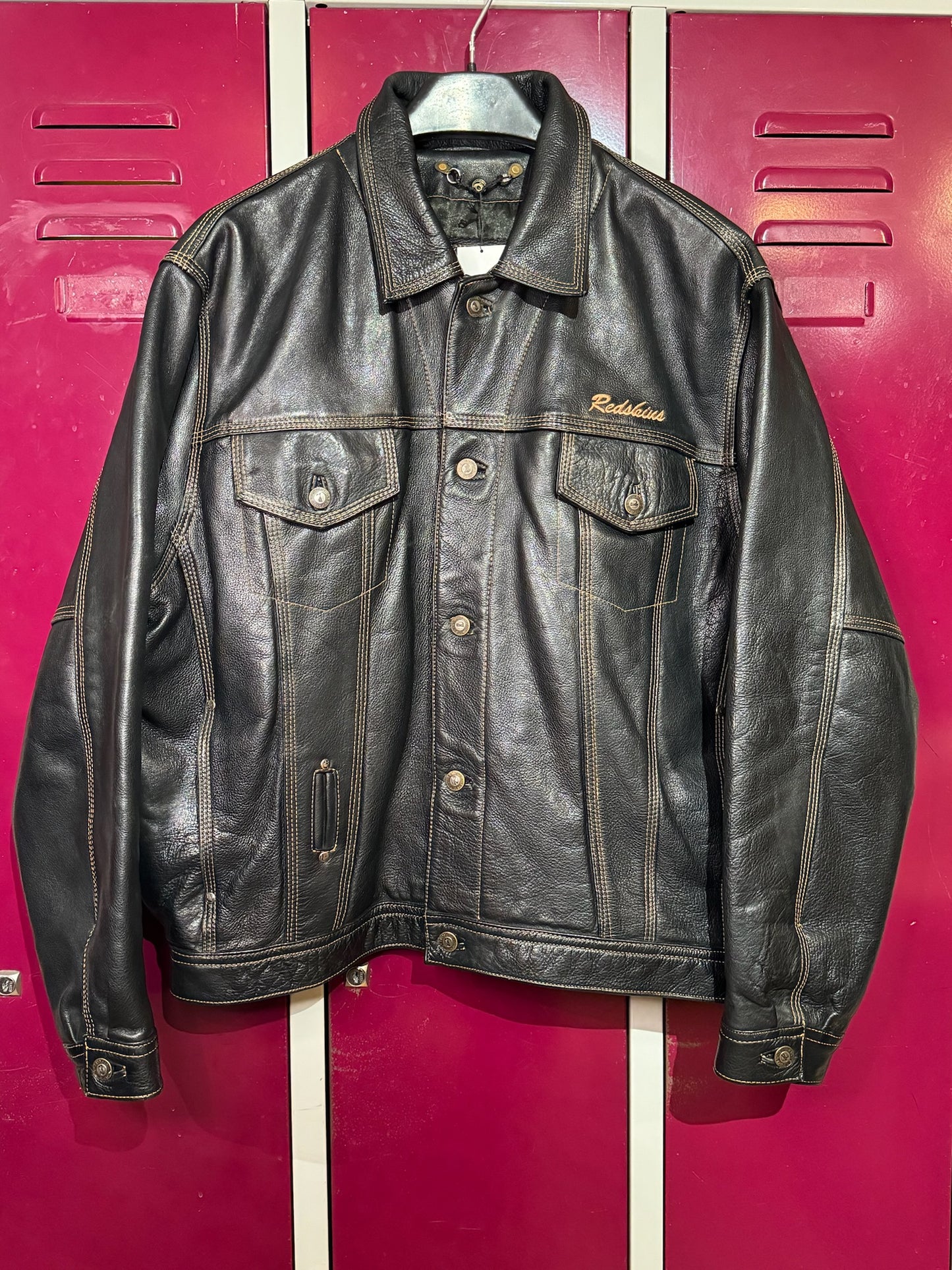 VINTAGE REDSKINS LEATHER TRUCKER JACKET SZ: XL