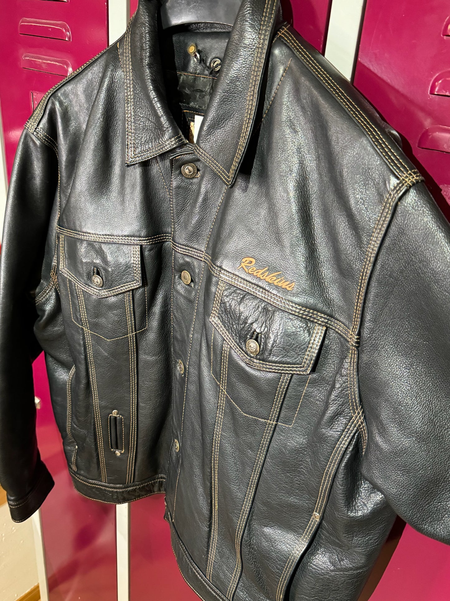 VINTAGE REDSKINS LEATHER TRUCKER JACKET SZ: XL