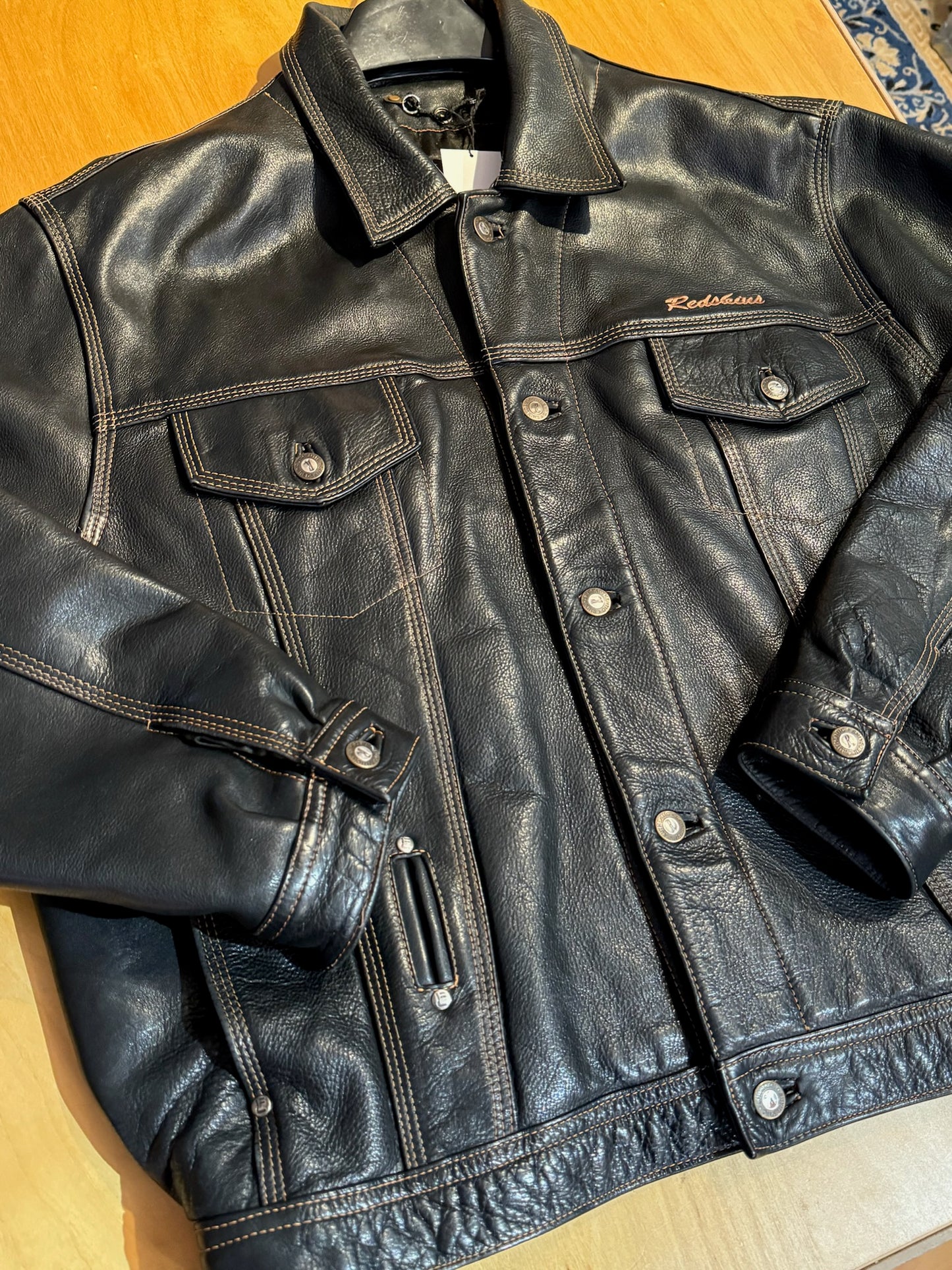 VINTAGE REDSKINS LEATHER TRUCKER JACKET SZ: XL