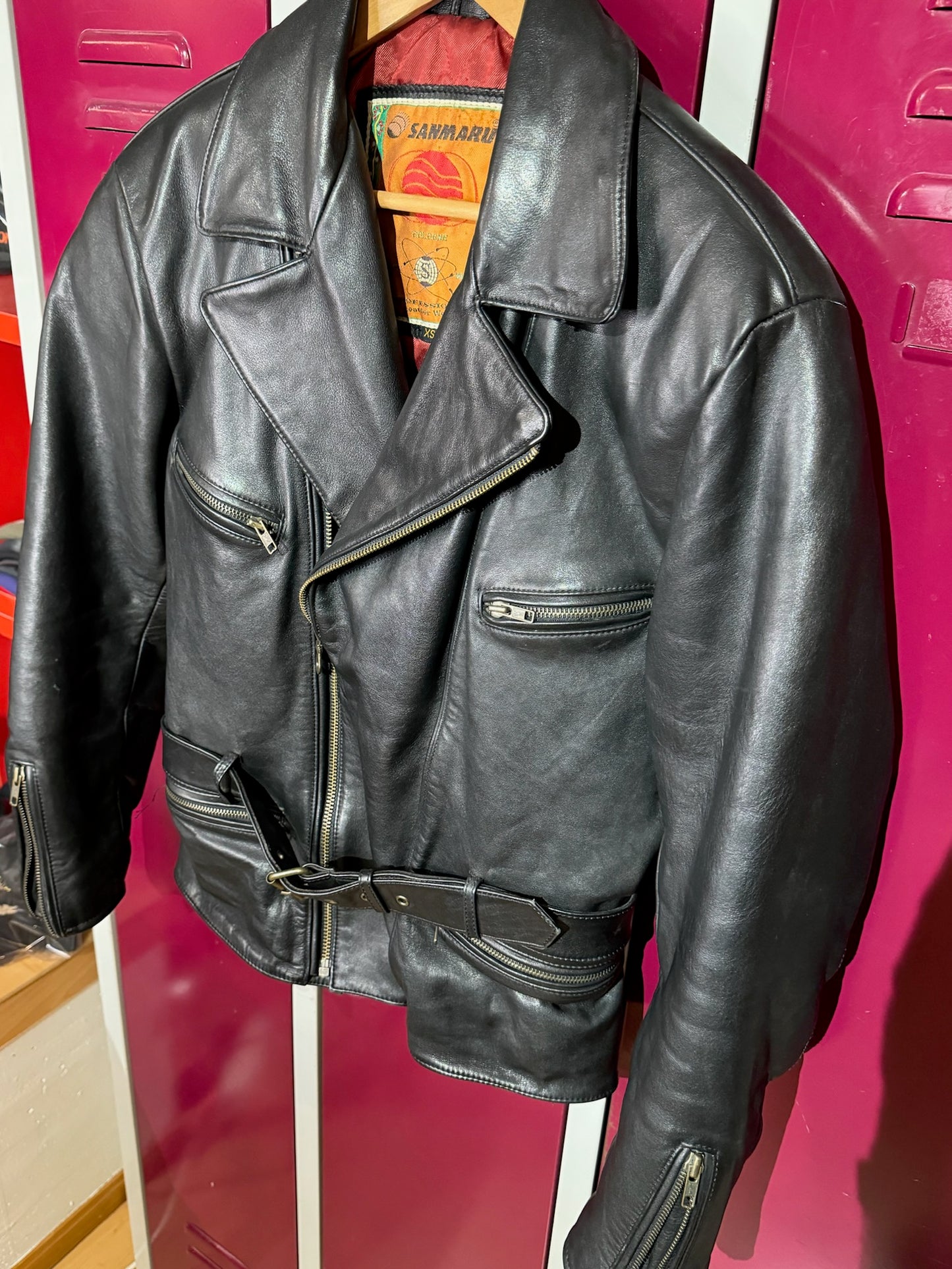 VINTAGE 90s SANMARU WOMENS MOTORCYCLE BIKER LEATHER JACKET SZ: XS