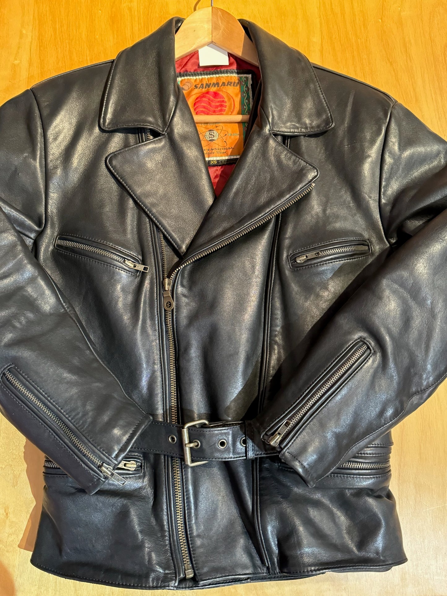 VINTAGE 90s SANMARU WOMENS MOTORCYCLE BIKER LEATHER JACKET SZ: XS