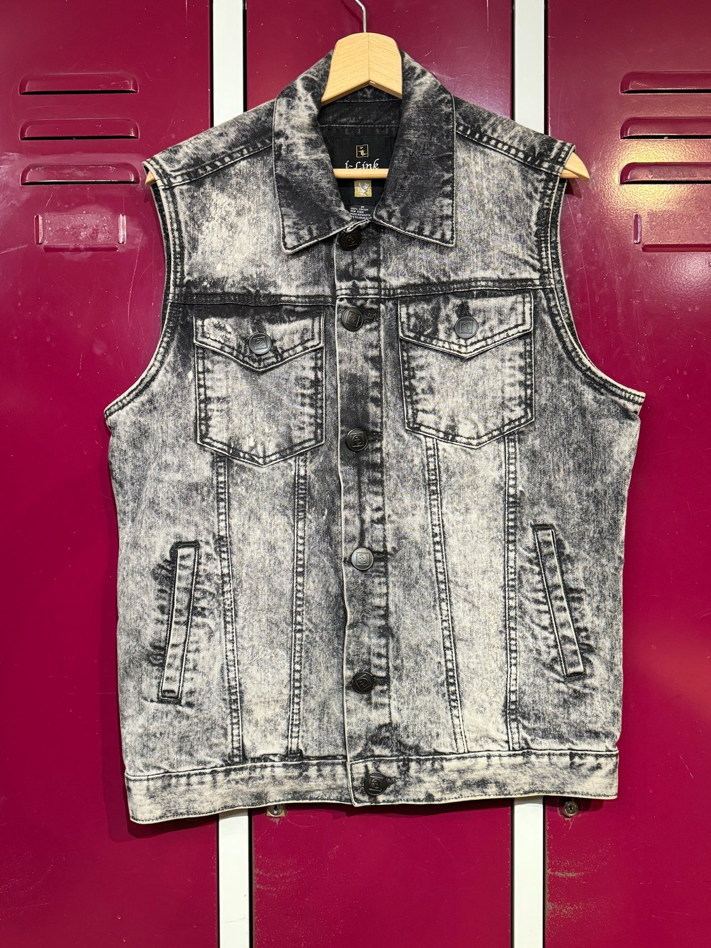 Y2K I-LINK BLACK DENIM ACID WASH VEST SZ: M