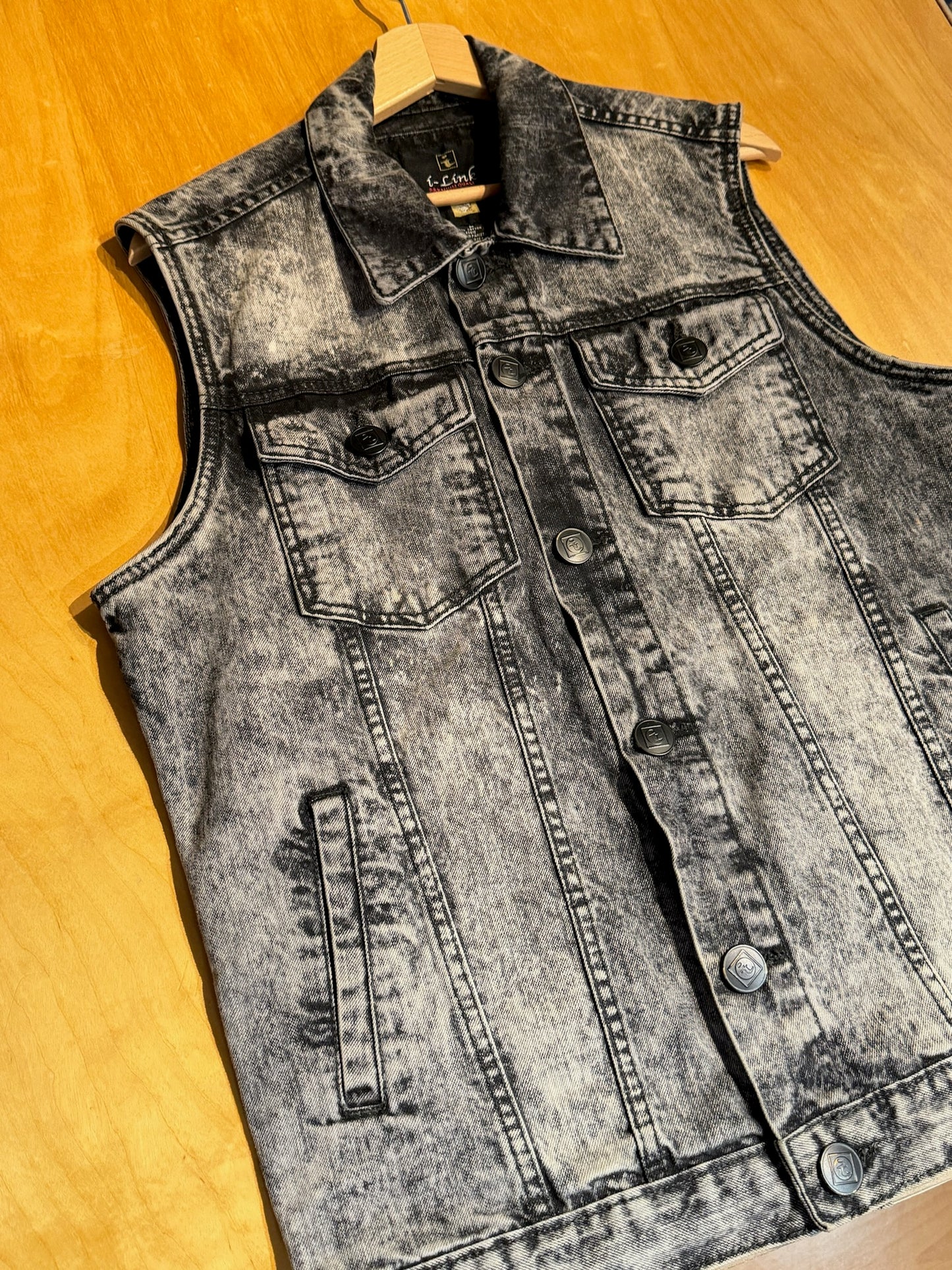 Y2K I-LINK BLACK DENIM ACID WASH VEST SZ: M