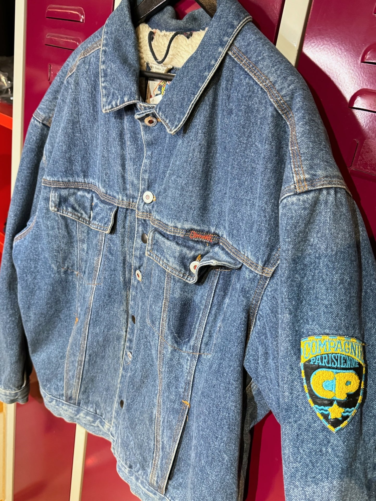 VINTAGE 80s COMPAGNIE PARISIENNE LINED SHERPA DENIM JACKET SZ: L