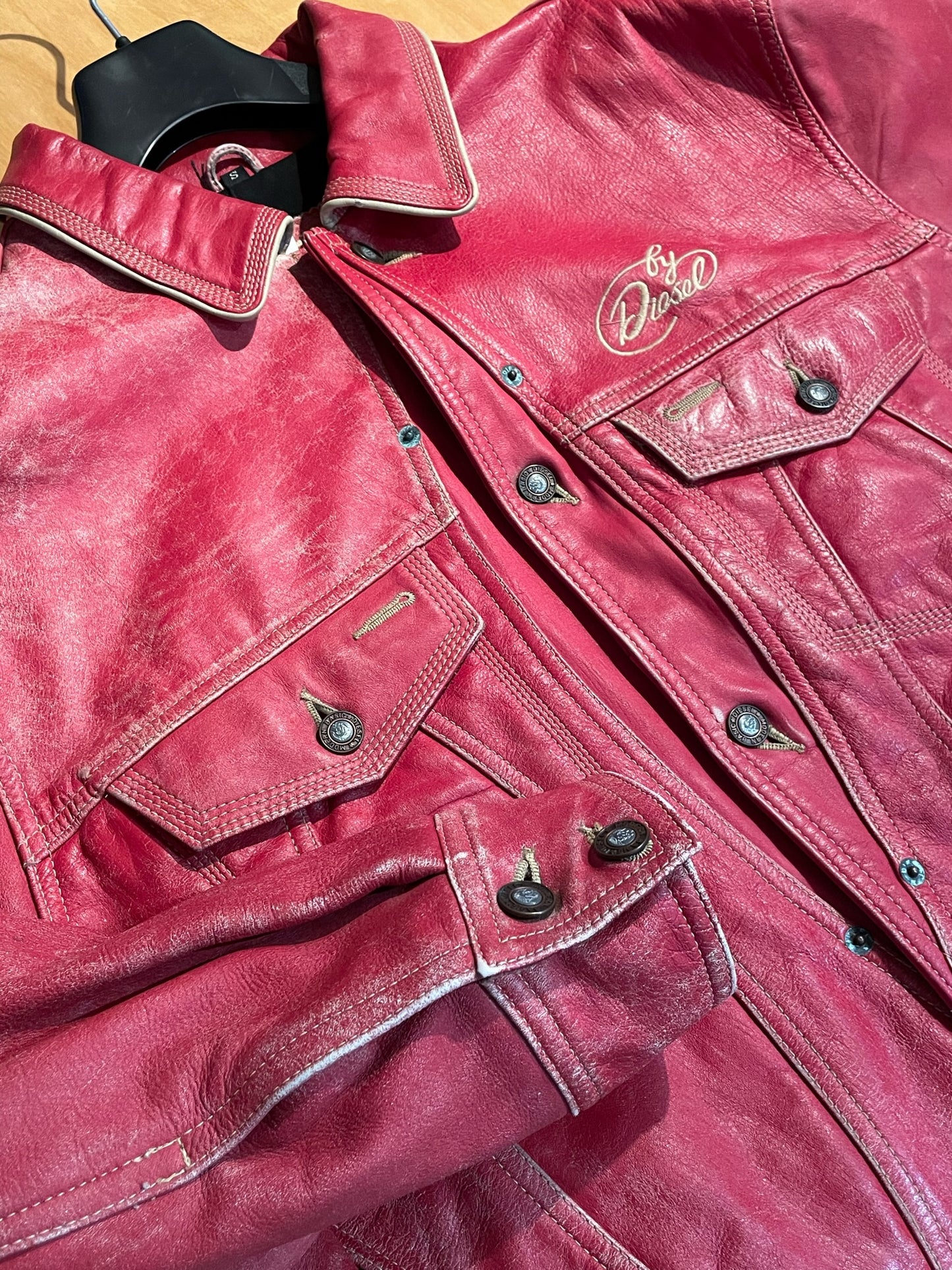 DIESEL VINTAGE LEATHER TRUCKER JACKET SZ: S